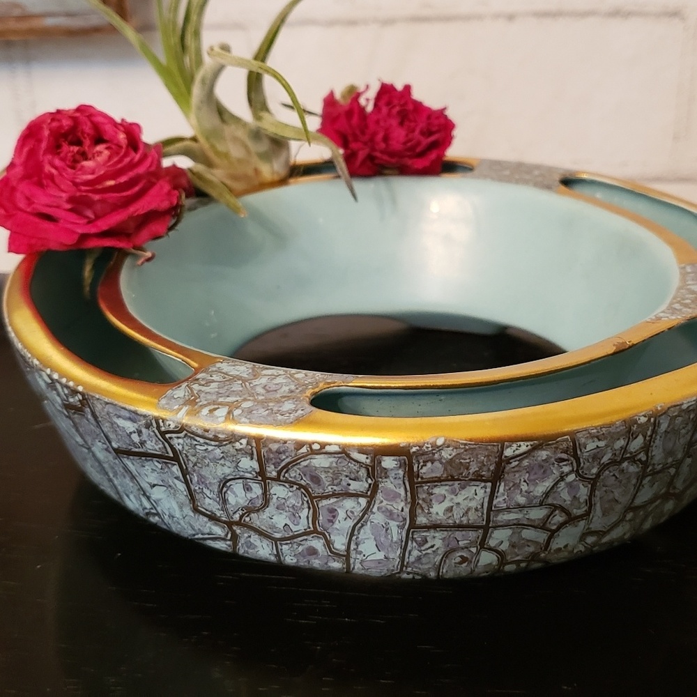 Mid Century Modern gold and teal dish, floral frog